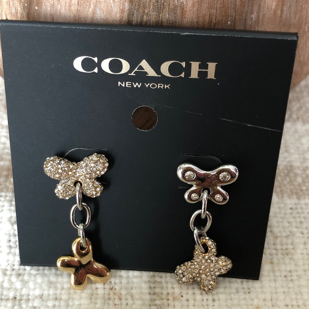 Coach Two-Tone Double Butterfly Drop Earrings Pave Crystal Accents NWT - Picture 6 of 12